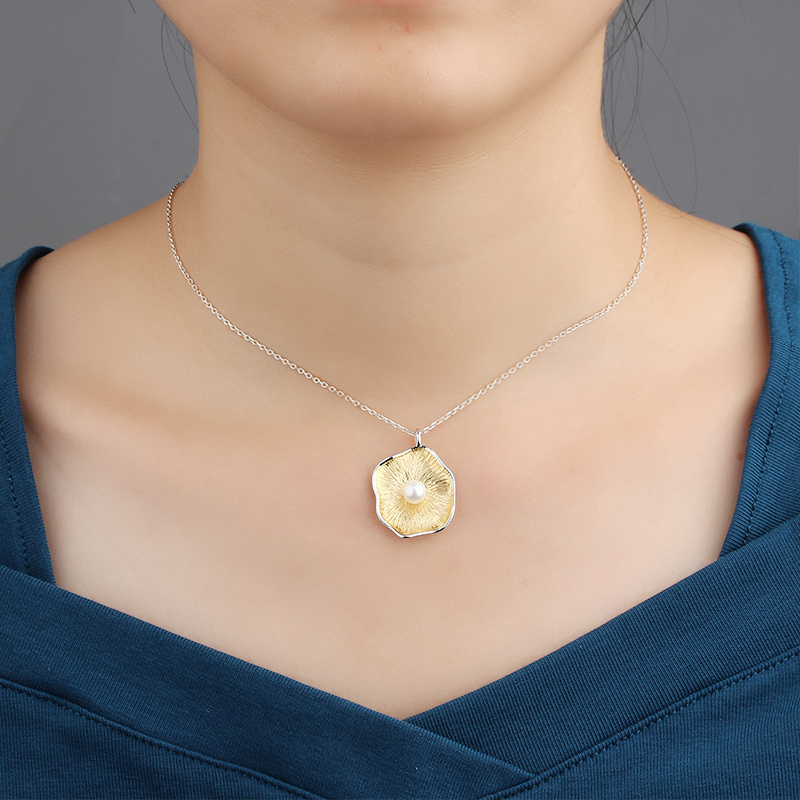 925 Sterling Silver Two-Tone Lotus Leaf Pearl Pendant