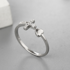 925 Sterling Silver Paved CZ Cross & Heart Open Ring