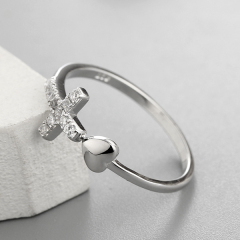 925 Sterling Silver Paved CZ Cross & Heart Open Ring