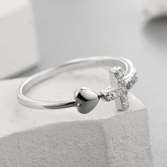 925 Sterling Silver Paved CZ Cross & Heart Open Ring