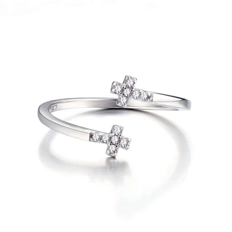 925 Sterling Silver Double Cross Paved CZ Open Ring