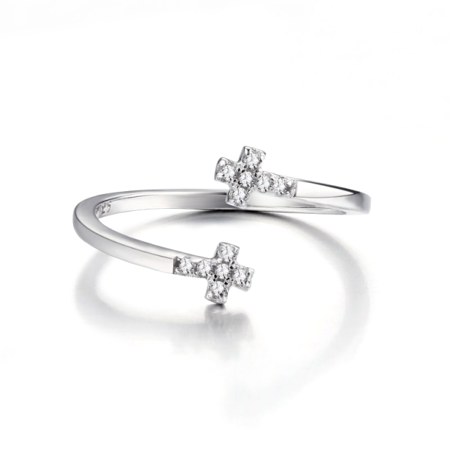 925 Sterling Silver Double Cross Paved CZ Open Ring