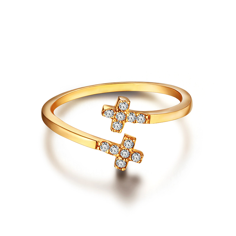 925 Sterling Silver Double Cross Paved CZ Open Ring