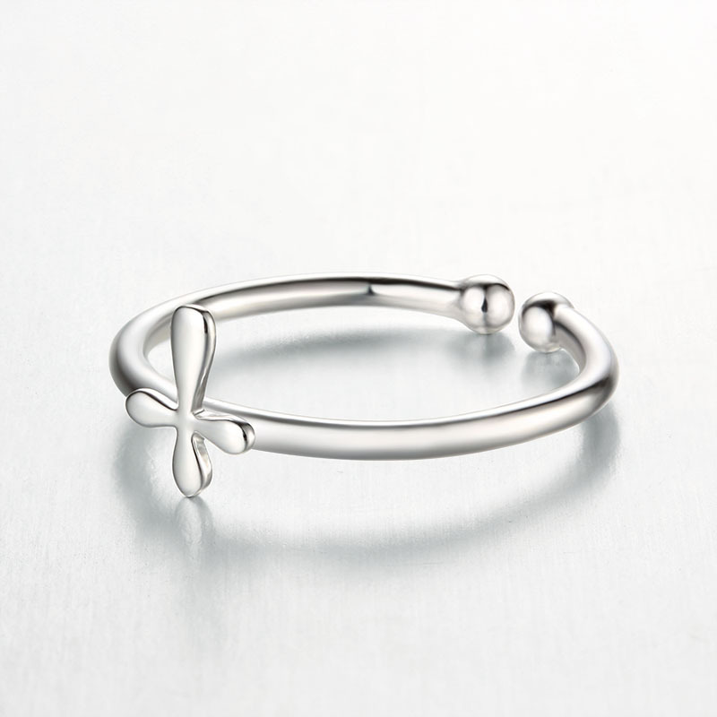 925 Sterling Silver Minimalist Polished Cross Open Ring