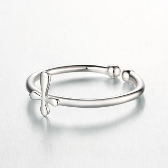 925 Sterling Silver Minimalist Polished Cross Open Ring
