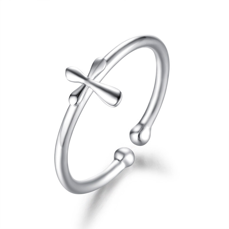 925 Sterling Silver Minimalist Polished Cross Open Ring