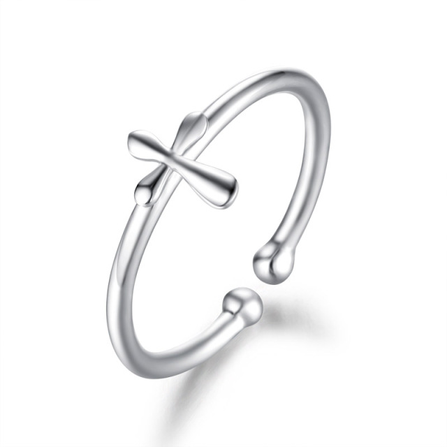 925 Sterling Silver Minimalist Polished Cross Open Ring