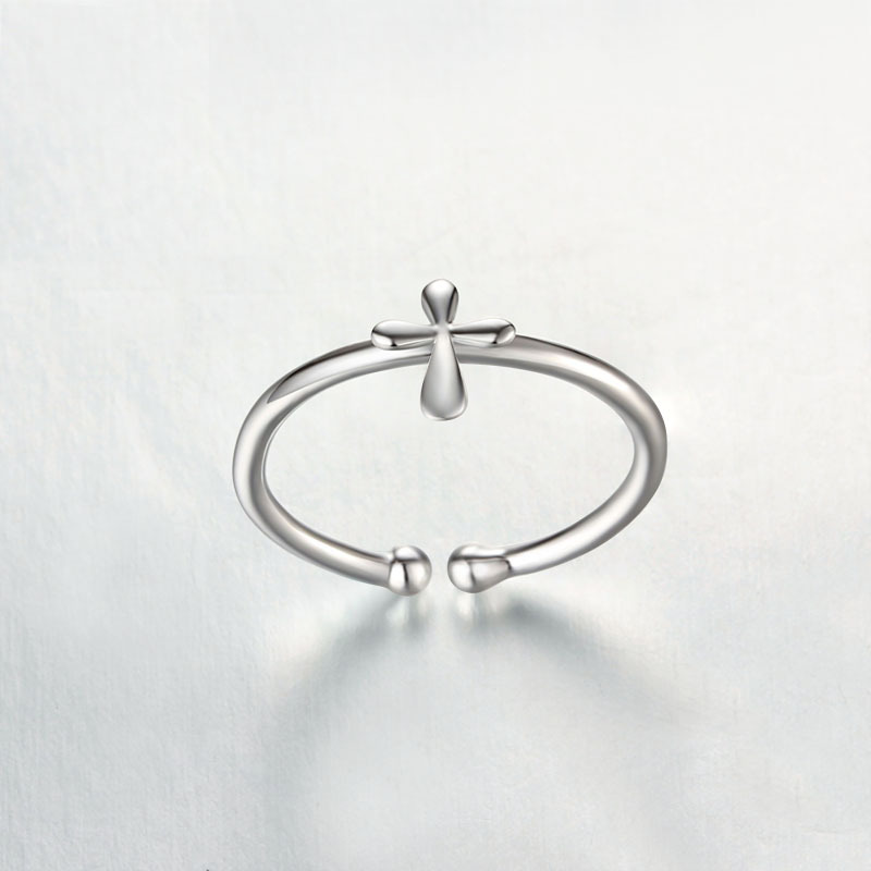 925 Sterling Silver Minimalist Polished Cross Open Ring