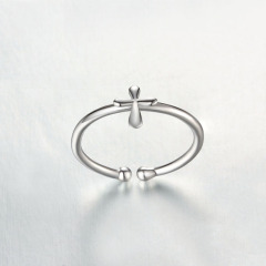 925 Sterling Silver Minimalist Polished Cross Open Ring
