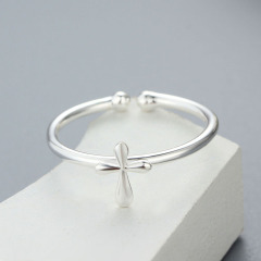 925 Sterling Silver Minimalist Polished Cross Open Ring