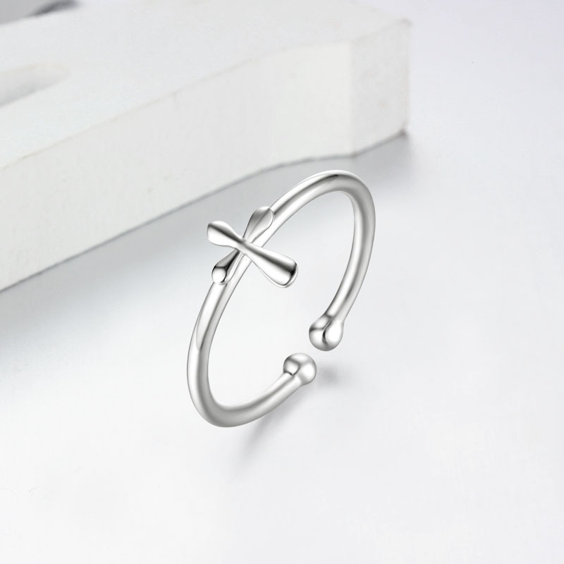 925 Sterling Silver Minimalist Polished Cross Open Ring