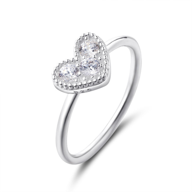 925 Sterling Silver Paved CZ Heart Thin Ring