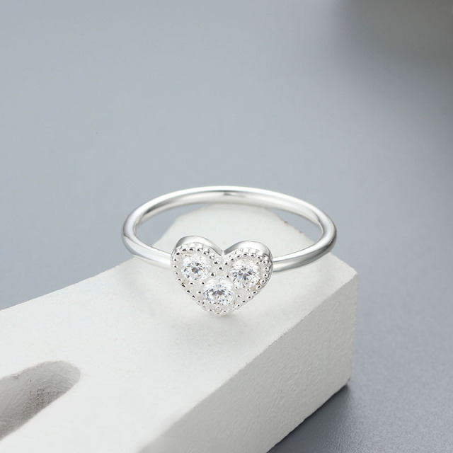 925 Sterling Silver Paved CZ Heart Thin Ring
