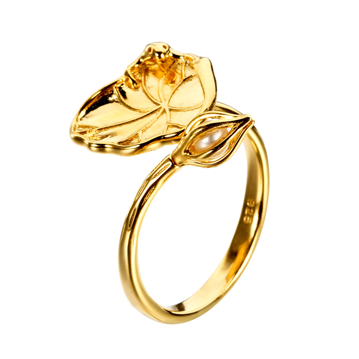 925 Silver Lotus Leaf & Bud Open Ring