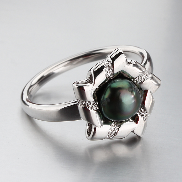 925 Sterling Silver Flower Tahitian Black Pearl Ring