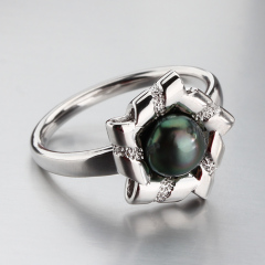 925 Sterling Silver Flower Tahitian Black Pearl Ring
