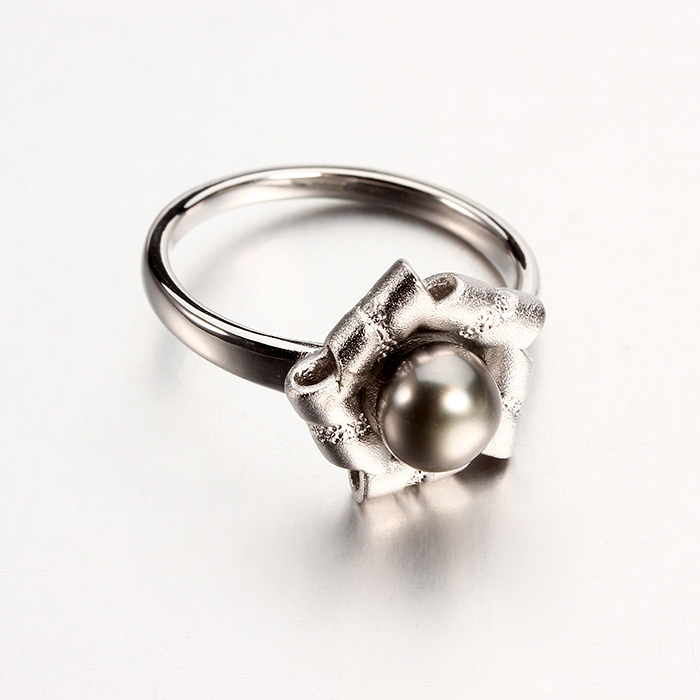 925 Sterling Silver Flower Tahitian Black Pearl Ring