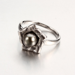 925 Sterling Silver Flower Tahitian Black Pearl Ring