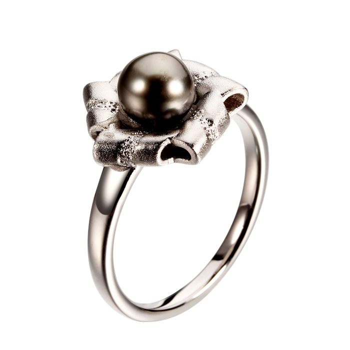 925 Sterling Silver Flower Tahitian Black Pearl Ring