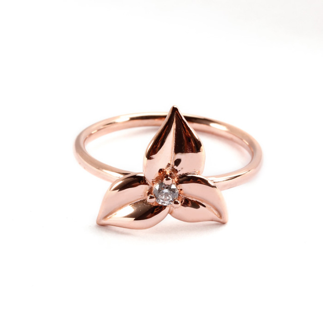 925 Sterling Silver Rose Gold Plated Three Leaf Flower CZ Ring