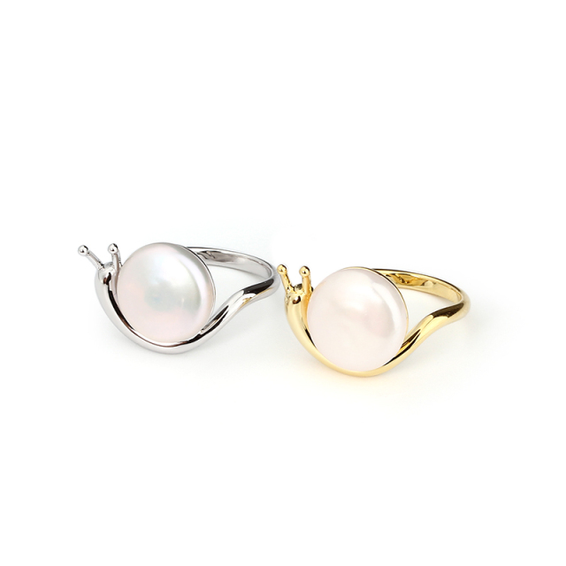 925 Sterling Silver Baroque Pearl Snail Ring
