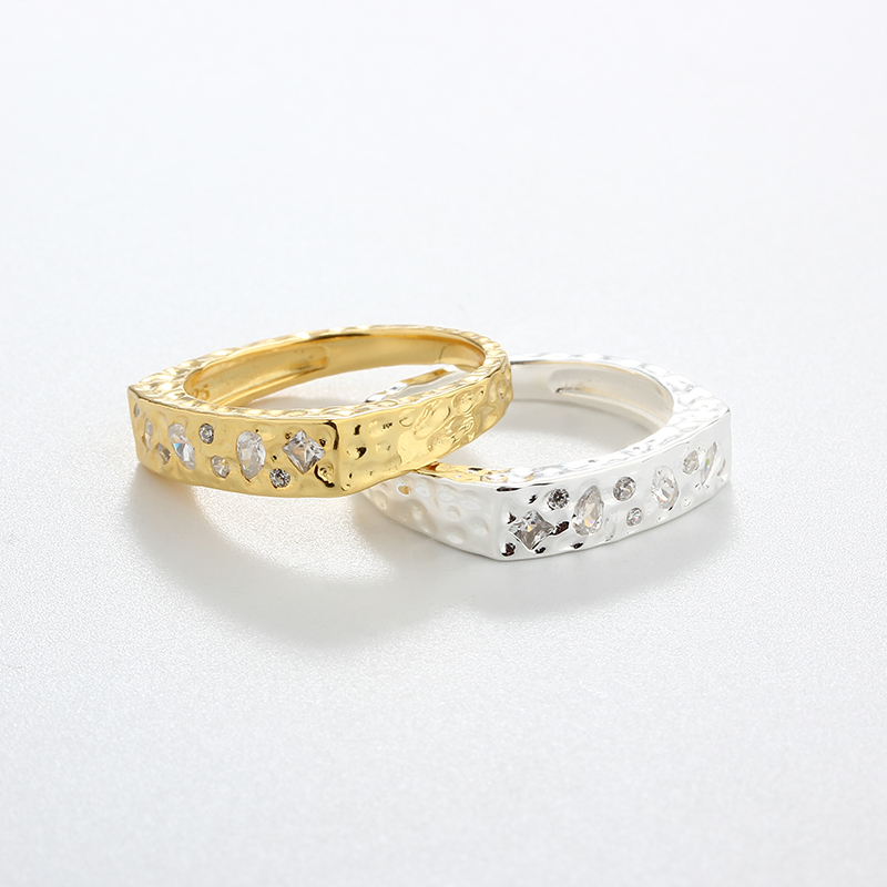 925 Sterling Silver Hammered Irregular Stone-Set Ring