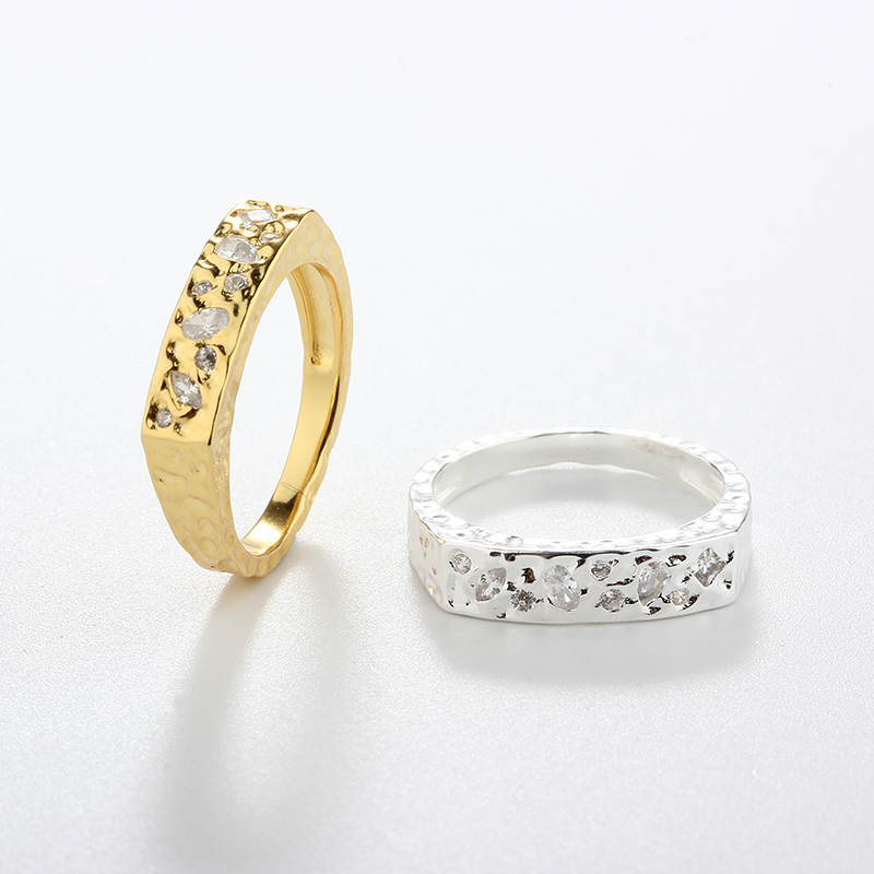 925 Sterling Silver Hammered Irregular Stone-Set Ring