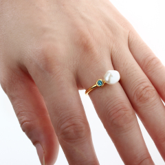 925 Sterling Silver Baroque Pearl & Custom CZ Band Ring
