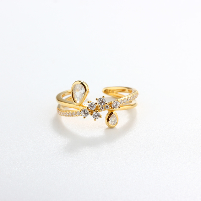 925 Sterling Silver Double-Layer Pear CZ Starburst Open Ring