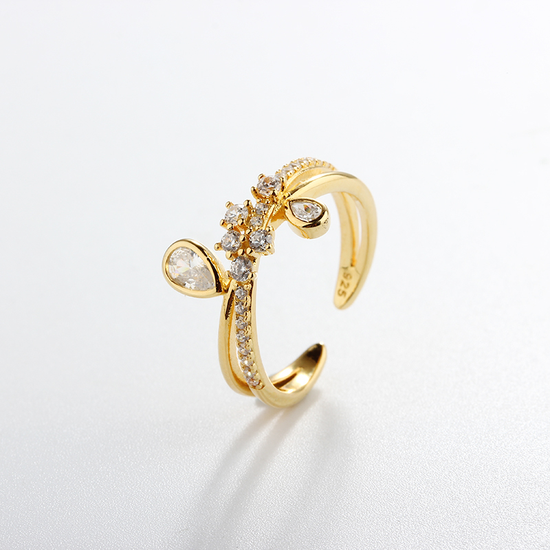 925 Sterling Silver Double-Layer Pear CZ Starburst Open Ring