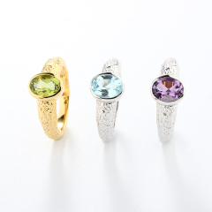 925 Sterling Silver Hammered Oval Gemstone Ring