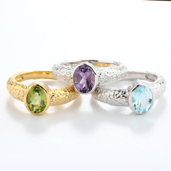 925 Sterling Silver Hammered Oval Gemstone Ring
