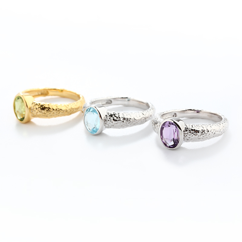925 Sterling Silver Hammered Oval Gemstone Ring