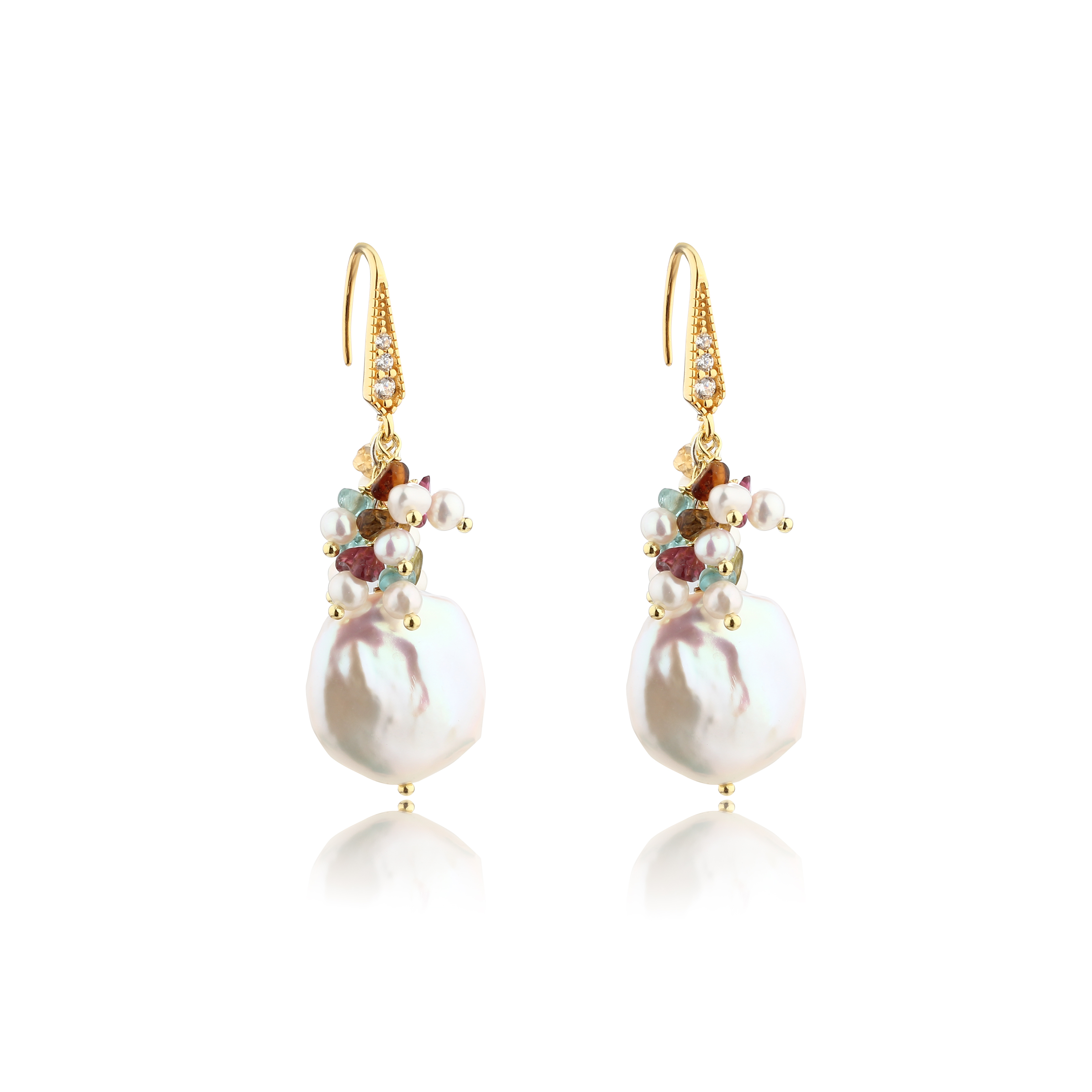 925 Sterling Silver Baroque Pearl & Multi-Gem Hook Earrings