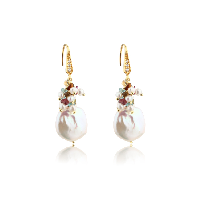 925 Sterling Silver Baroque Pearl & Multi-Gem Hook Earrings