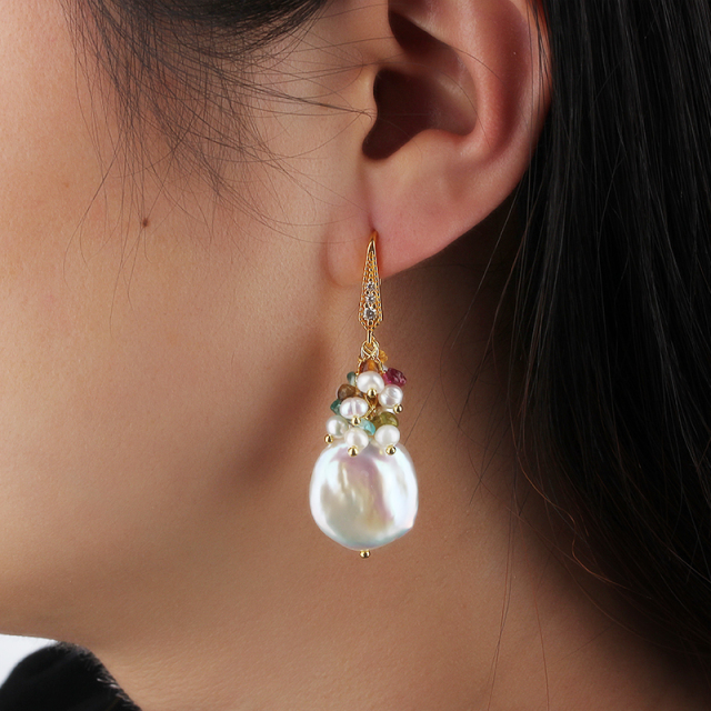 925 Sterling Silver Baroque Pearl & Multi-Gem Hook Earrings