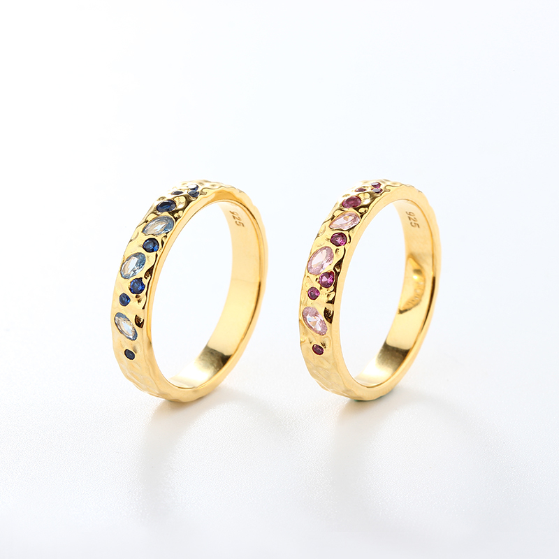 925 Sterling Silver Hammered Mixed-Cut CZ Ring