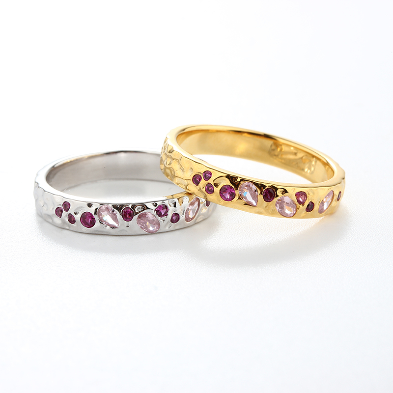 925 Sterling Silver Hammered Mixed-Cut CZ Ring