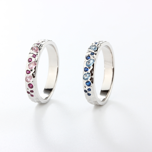 925 Sterling Silver Hammered Mixed-Cut CZ Ring