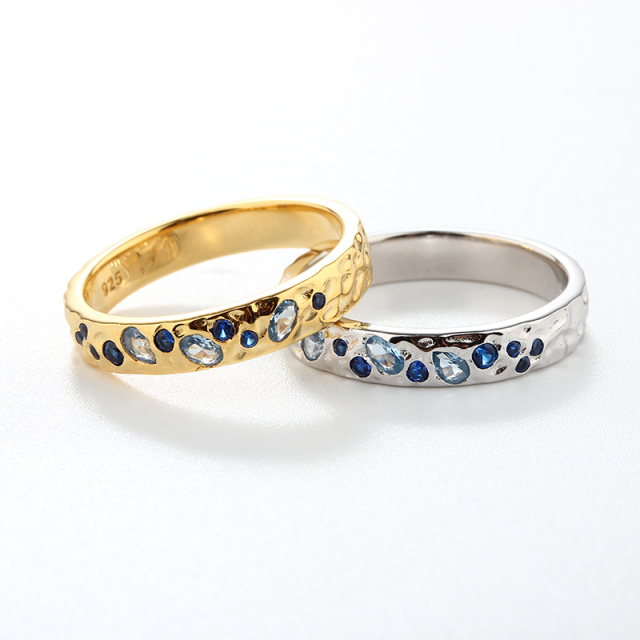 925 Sterling Silver Hammered Mixed-Cut CZ Ring