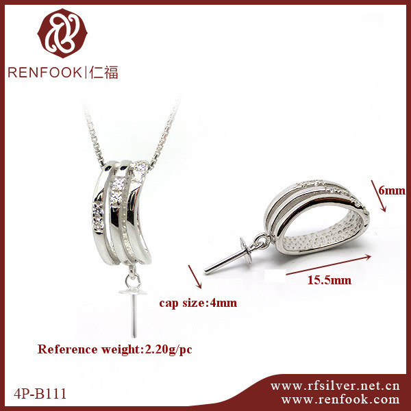 925 Sterling Silver CZ 3 Rows Oval Ring Pendant For Pearl