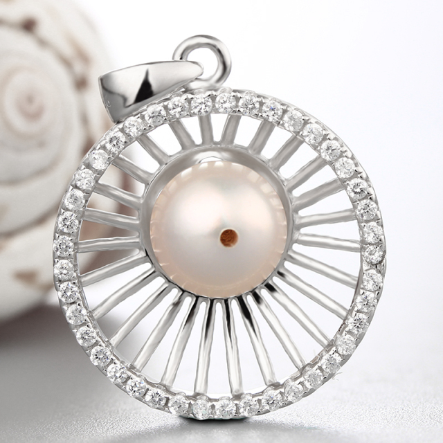 925 Sterling Silver CZ Big Round Pendant For Pearl