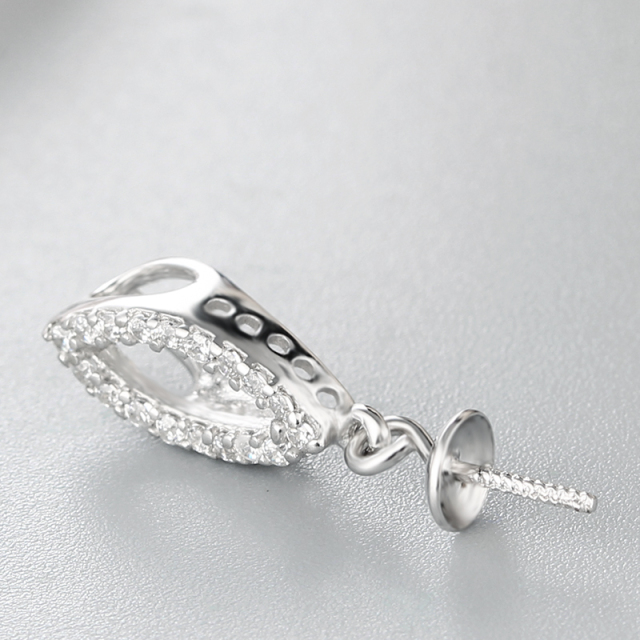 925 Sterling Silver CZ Stone Hollow Olive Pendant Pearl Caps