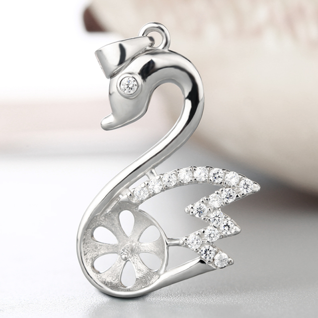 925 Sterling Silver CZ Swan Pearl Pendant Mounting