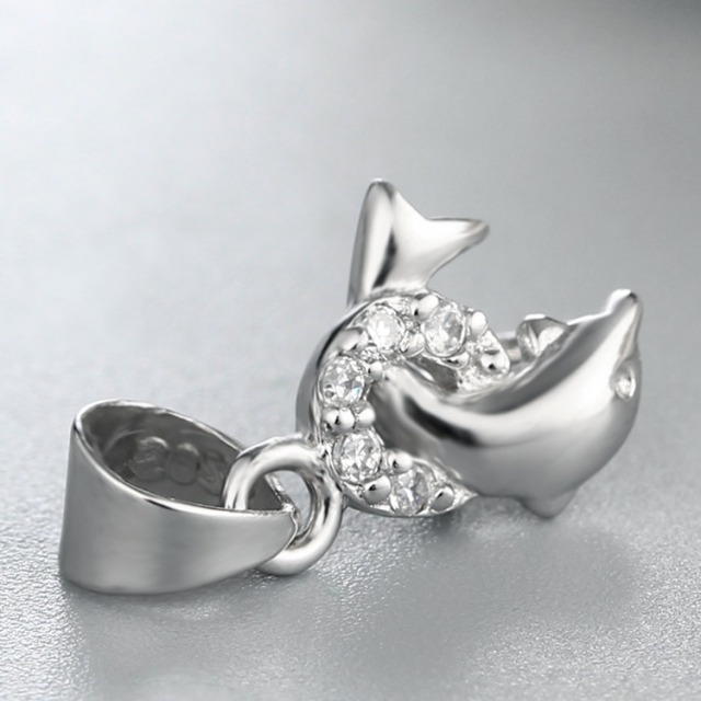 925 Sterling Silver CZ Stone Dolphin Jumping Circle Crystal Pendant Clasp