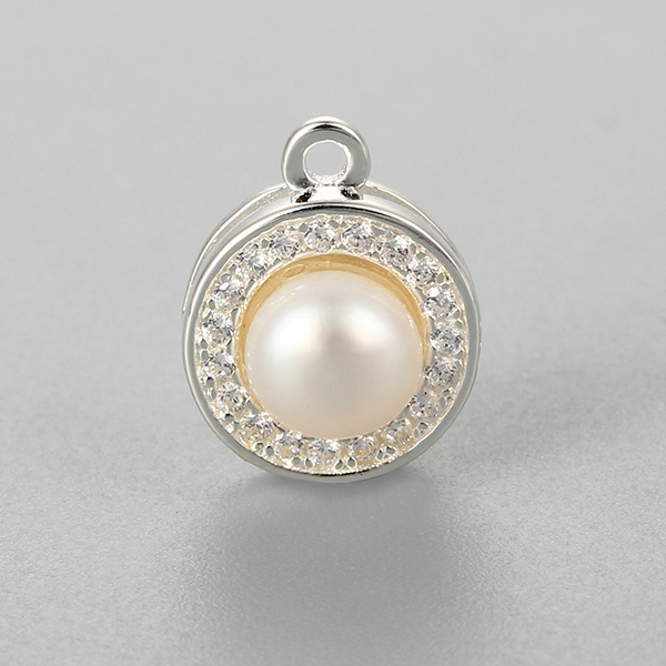 925 Sterling Silver Cubic Zirconia Pearl Round Charm --10Mm