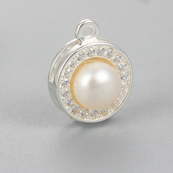 925 Sterling Silver Cubic Zirconia Pearl Round Charm --10Mm