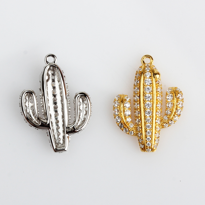 925 Sterling Silver Cubic Zirconia Hammer Surface Cactus Charm