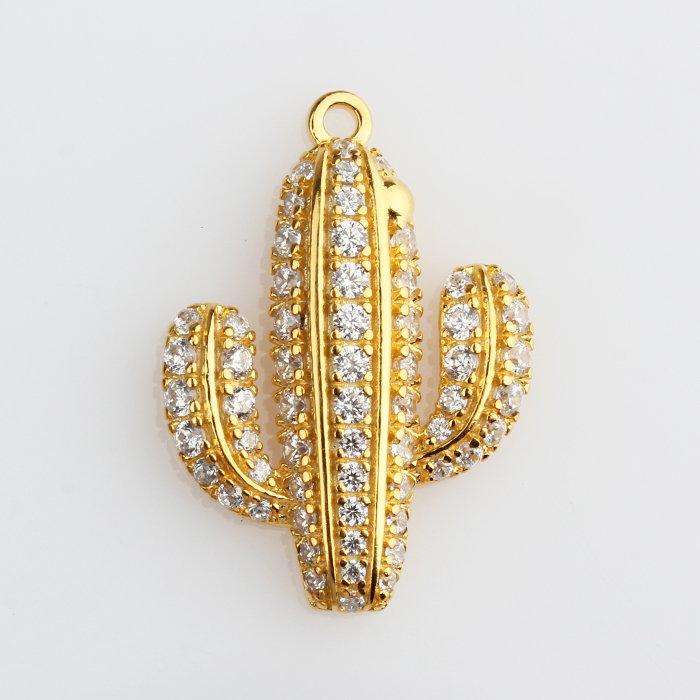 925 Sterling Silver Cubic Zirconia Hammer Surface Cactus Charm