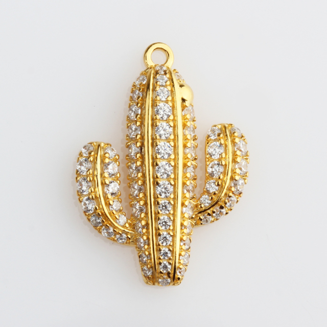 925 Sterling Silver Cubic Zirconia Hammer Surface Cactus Charm